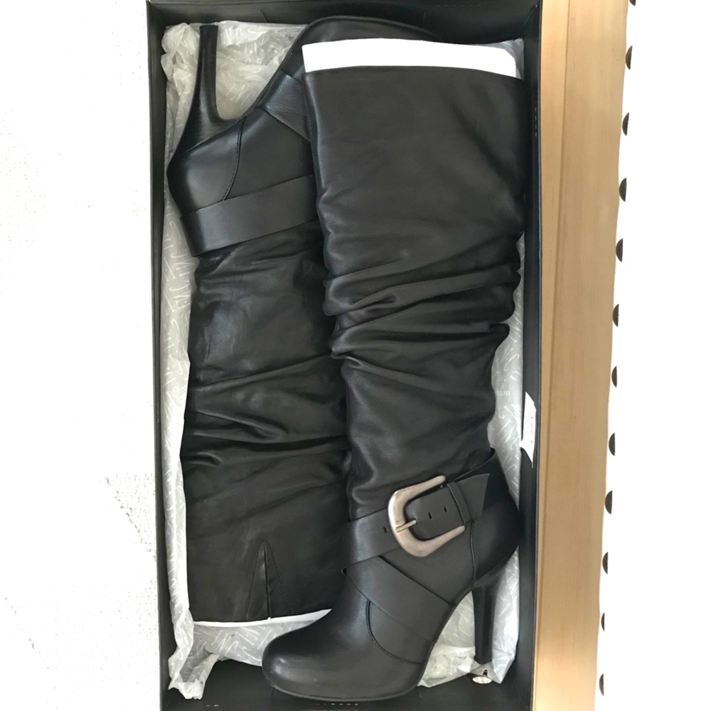 Tall black leather boots, brand new in box
